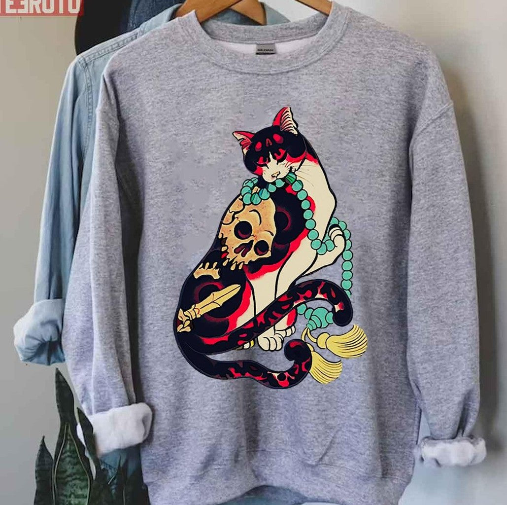 Antique Japanese Woodblock Print Cat With Flower Unisex T-Shirt