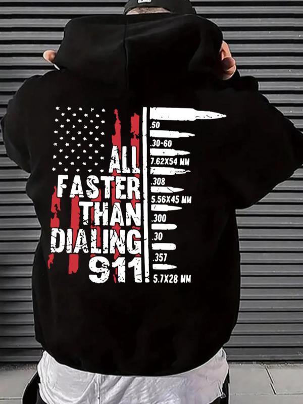 Men's Letter & Flag Print Drop Shoulder Graphic Hoodie, Casual Regular Fit Drawstring Sweatshirt for Holiday Wear, Spring & Fall FashionÂ