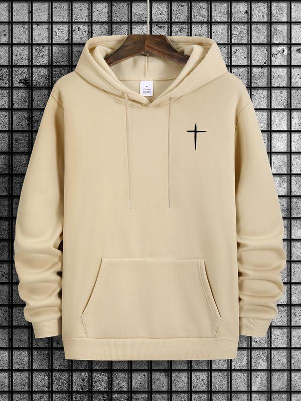 Cross Print Men's Hoodie with Drawstring Pocket, Regular Fit Long Sleeve Sweatshirt, Casual Men's Fashion for Spring & Fall Daily WearÂ