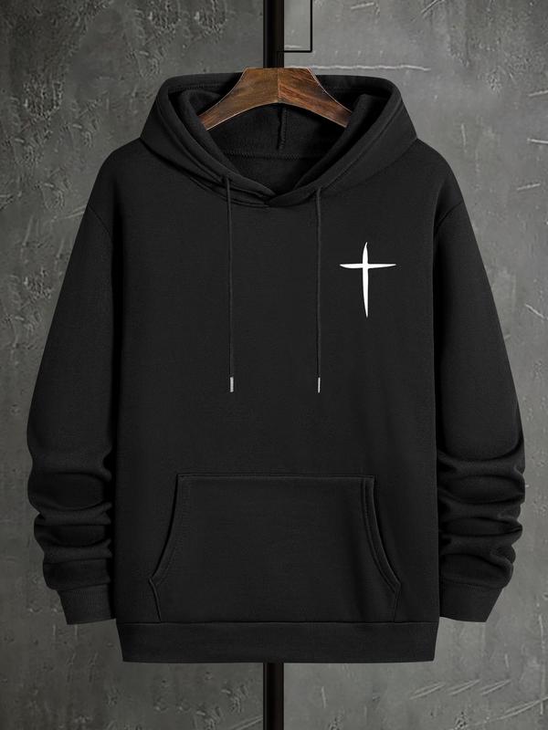 Men's Cross Print Hoodie, Casual Regular Fit Kangaroo Pocket Sweatshirt for Fall & Winter, Men's Daily Wear ClothingÂ