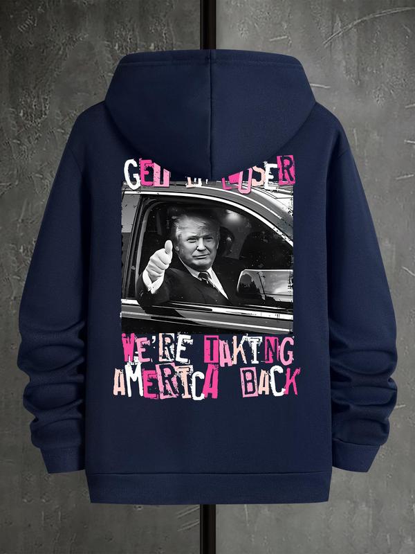 Men's Letter & Flag Print Drop Shoulder Graphic Hoodie, Casual Regular Fit Drawstring Sweatshirt for Holiday Wear, Spring & Fall FashionÂ