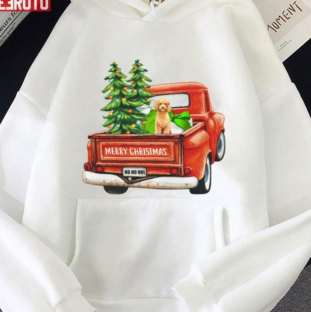 Red Vintage Merry Christmas Truck With Poodle Dog Unisex Sweatshirt