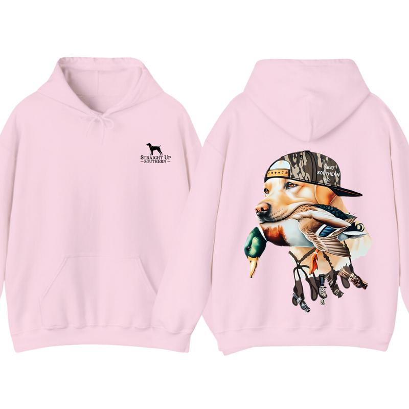 Bold Hunting Dog with Duck Graphic, Perfect for Outdoor Enthusiasts and Waterfowl Hunters, Unisex Hoodie