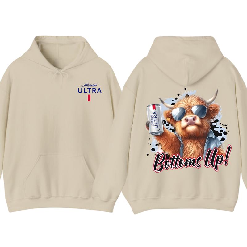 Michelob Ultra Bottoms Up Hoodie - Fun Bull Graphic with Beer Theme, Hoodie for Party Enthusiasts, Perfect for Casual Wear, for Men and Women