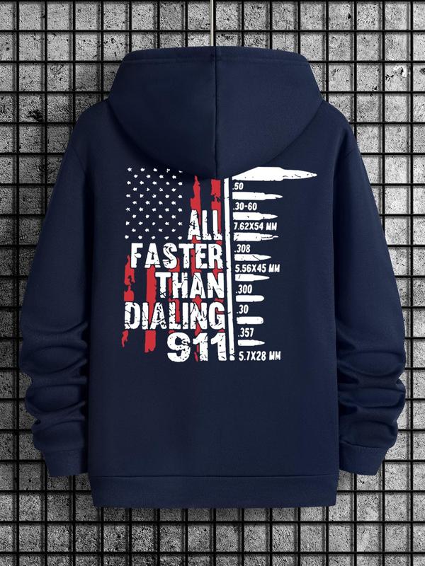 Men's Letter & Flag Print Drop Shoulder Graphic Hoodie, Casual Regular Fit Drawstring Sweatshirt for Holiday Wear, Spring & Fall FashionÂ