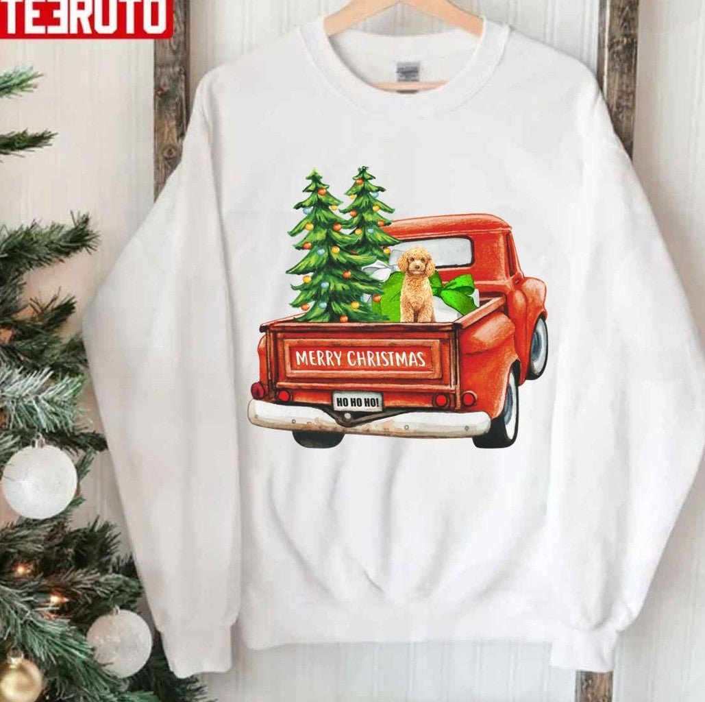 Red Vintage Merry Christmas Truck With Poodle Dog Unisex Sweatshirt