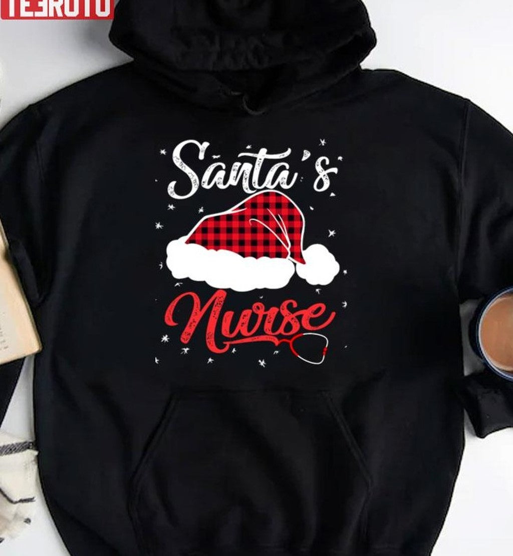 Santa's Favorite Nurse Christmas Hat Red Plaid Sweatshirt