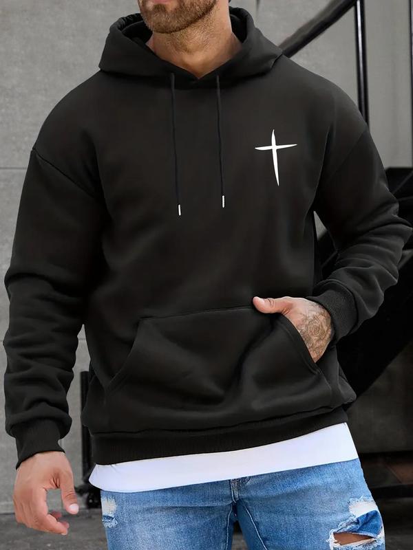 Men's Cross Print Hoodie, Casual Regular Fit Kangaroo Pocket Sweatshirt for Fall & Winter, Men's Daily Wear ClothingÂ