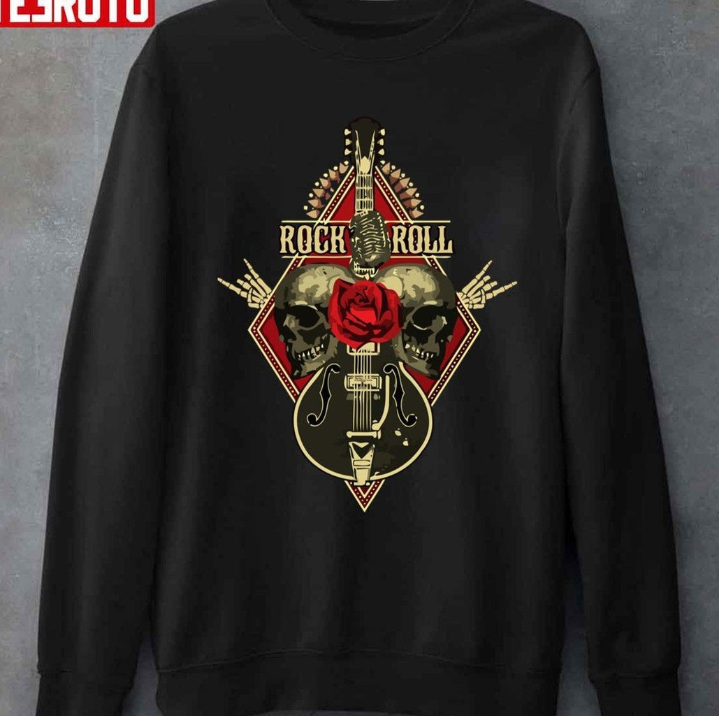 Rock And Roll Guitar Skulls Roses Retro Vintage Style Unisex T-Shirt