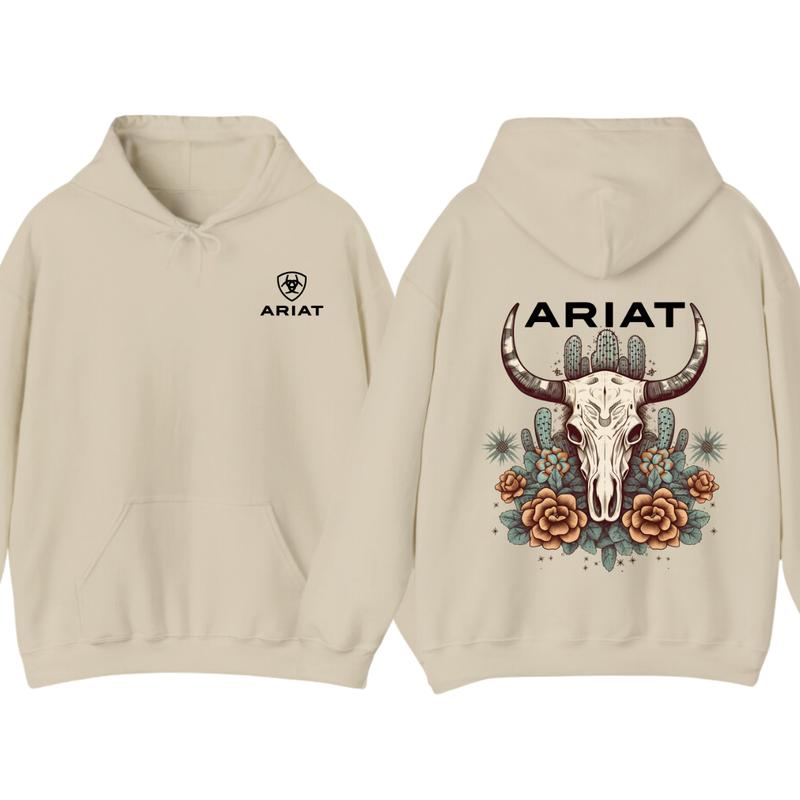 Ariat Hoodie - Tshirt, Featuring A Bull Skull Design With Unique Cactus Floral Patterns, Perfect For Outdoor Adventures, Casual, Classic Fashion Cotton Underwear Shirt Womenswear And Menswear Comfort