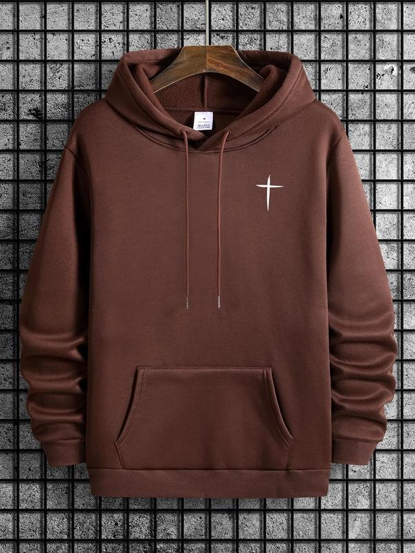 Cross Print Men's Hoodie with Drawstring Pocket, Regular Fit Long Sleeve Sweatshirt, Casual Men's Fashion for Spring & Fall Daily WearÂ