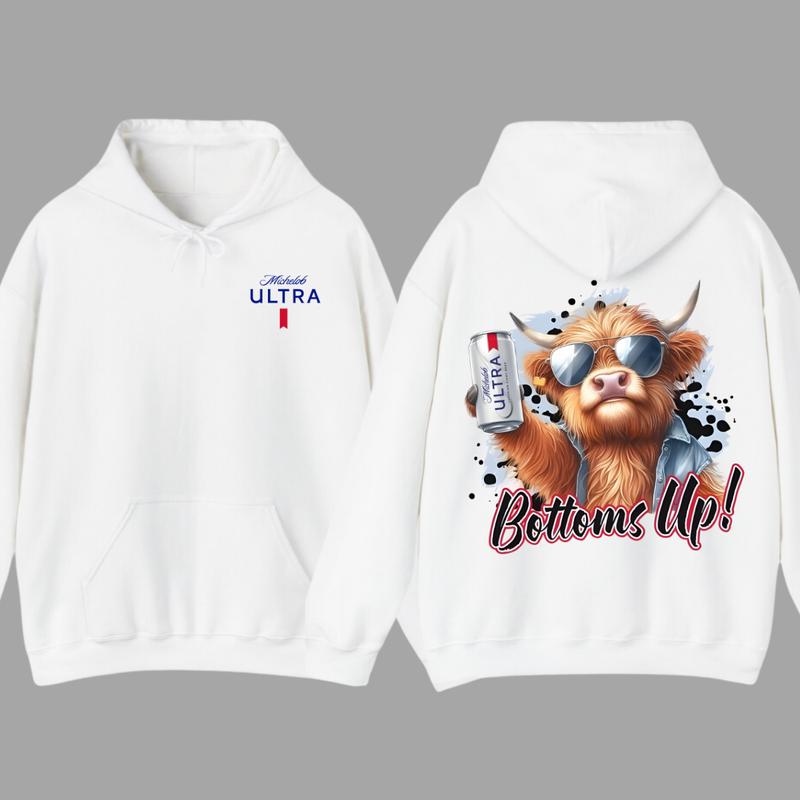 Michelob Ultra Bottoms Up Hoodie - Fun Bull Graphic with Beer Theme, Hoodie for Party Enthusiasts, Perfect for Casual Wear, for Men and Women