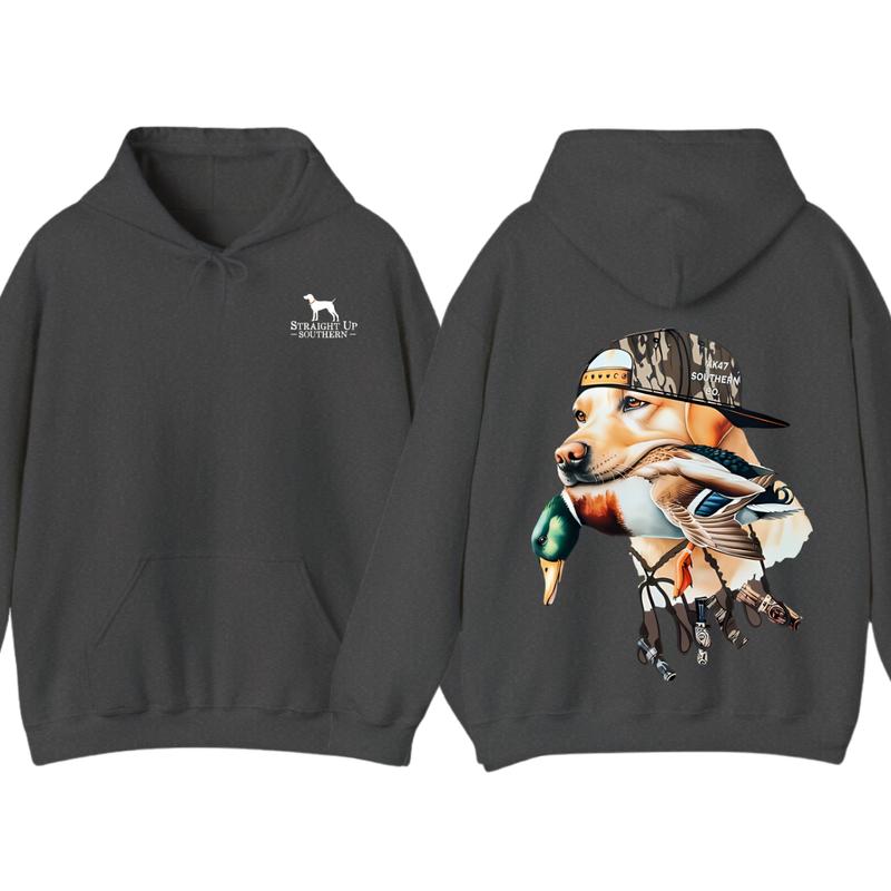 Bold Hunting Dog with Duck Graphic, Perfect for Outdoor Enthusiasts and Waterfowl Hunters, Unisex Hoodie