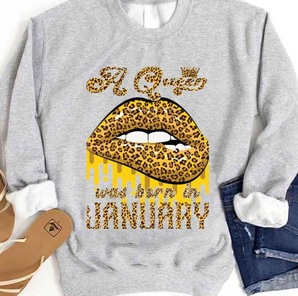 Queens Are Born In January Leopard Lips Unisex Sweatshirt