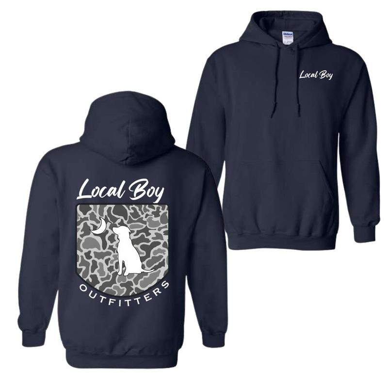 Local Boy Outfitters Hoodie Classic Camouflage Design Featuring a Dog and Moon Graphic, Ideal for Nature Lovers and Outdoor Style