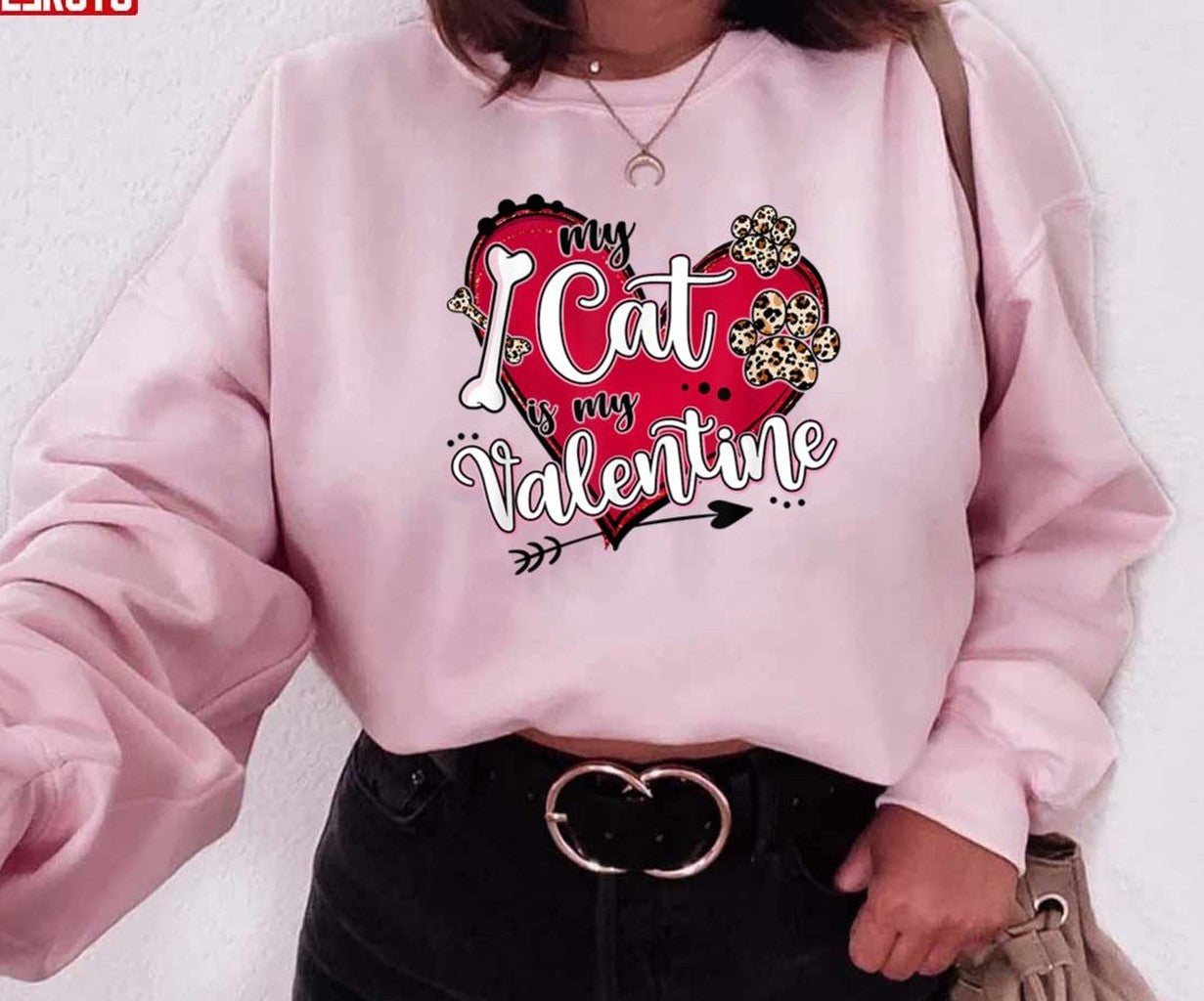My Cat Is My Valentine Red Leopard Heart Cats Paw Unisex Sweatshirt