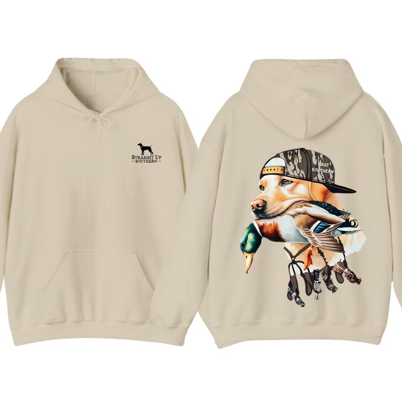 Bold Hunting Dog with Duck Graphic, Perfect for Outdoor Enthusiasts and Waterfowl Hunters, Unisex Hoodie