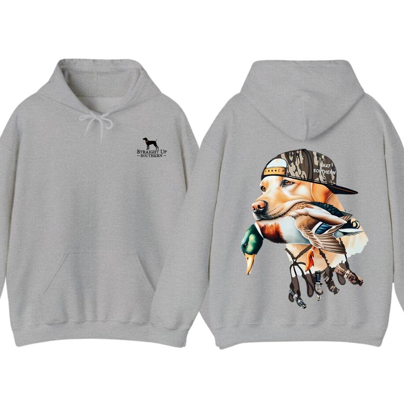 Bold Hunting Dog with Duck Graphic, Perfect for Outdoor Enthusiasts and Waterfowl Hunters, Unisex Hoodie