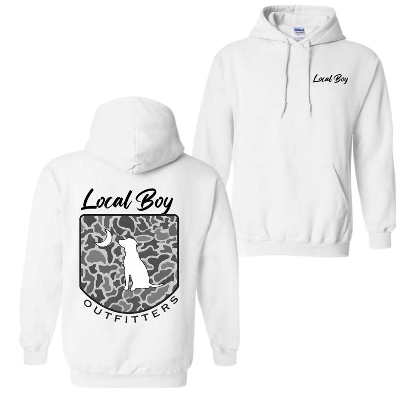 Local Boy Outfitters Hoodie Classic Camouflage Design Featuring a Dog and Moon Graphic, Ideal for Nature Lovers and Outdoor Style