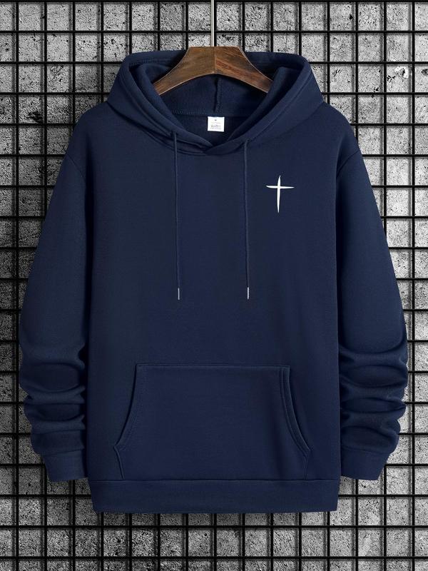 Cross Print Men's Hoodie with Drawstring Pocket, Regular Fit Long Sleeve Sweatshirt, Casual Men's Fashion for Spring & Fall Daily WearÂ