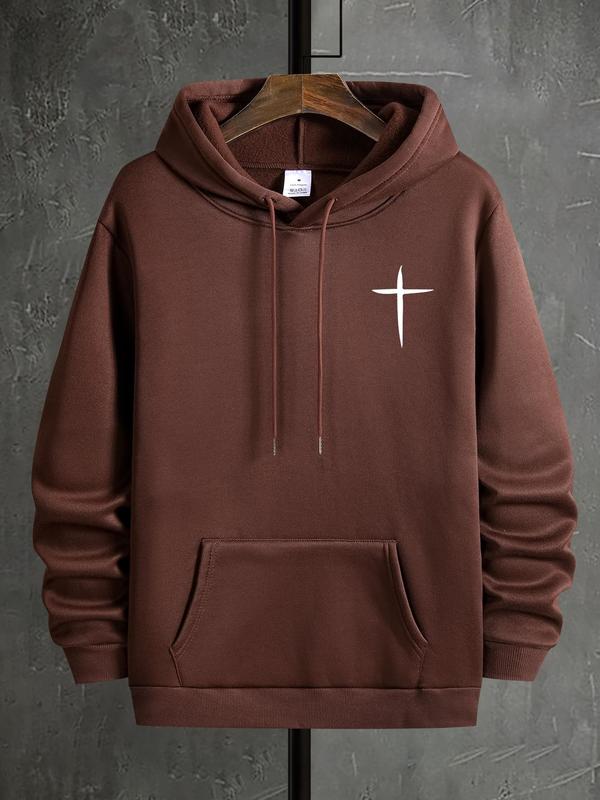 Men's Cross Print Hoodie, Casual Regular Fit Kangaroo Pocket Sweatshirt for Fall & Winter, Men's Daily Wear ClothingÂ