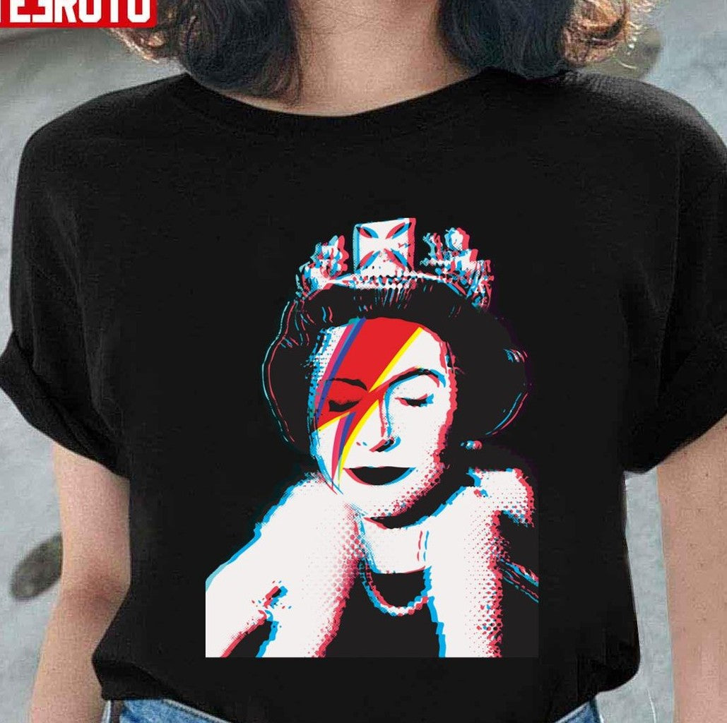 Banksy Uk England God Save The Queen Elisabeth With David Bowie Rockband Face Makeup Unisex T-Shirt