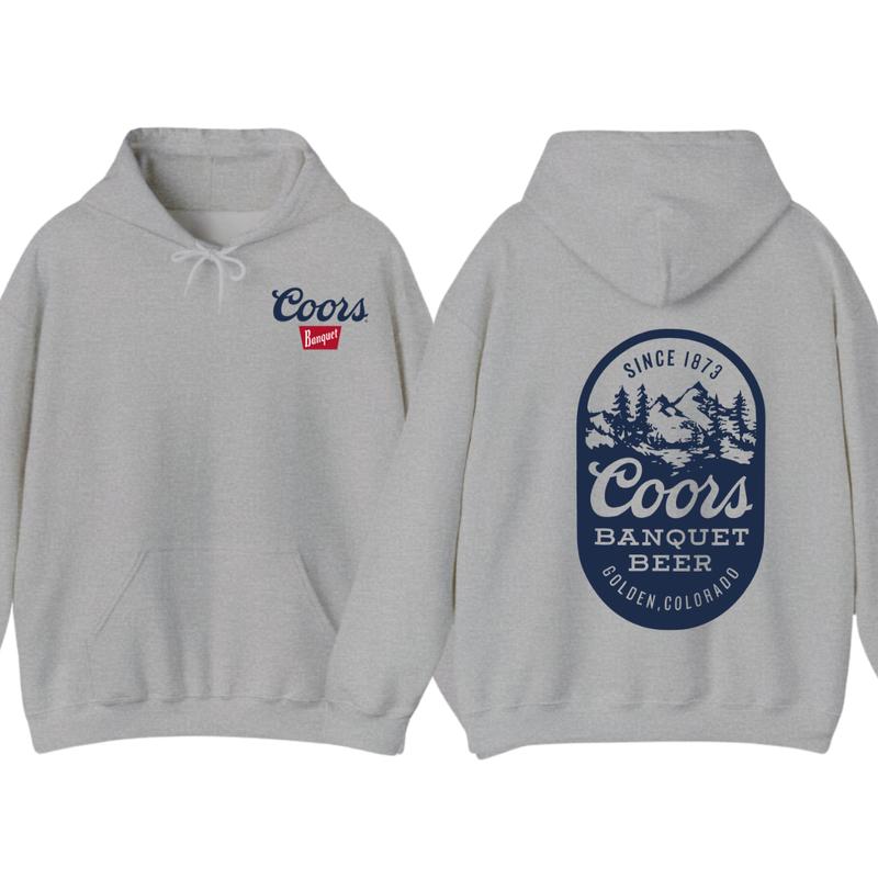 Coors Banquet Beer Hoodie - Classic Logo Design with Mountain and Forest Graphics, Men's Sweater - Menswear