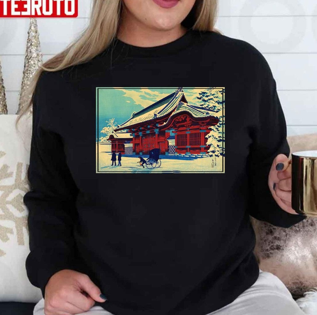Snowfall Red Gate At Hongo By Shotei Takahashi Unisex T-Shirt