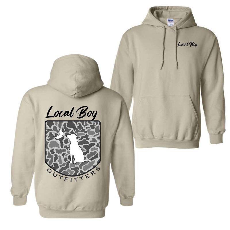 Local Boy Outfitters Hoodie Classic Camouflage Design Featuring a Dog and Moon Graphic, Ideal for Nature Lovers and Outdoor Style