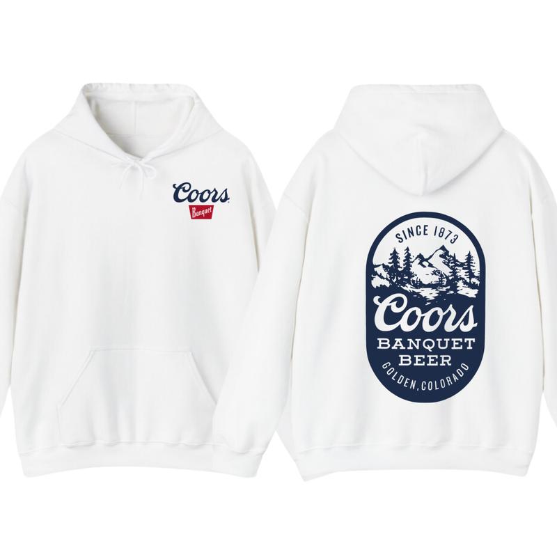 Coors Banquet Beer Hoodie - Classic Logo Design with Mountain and Forest Graphics, Men's Sweater - Menswear
