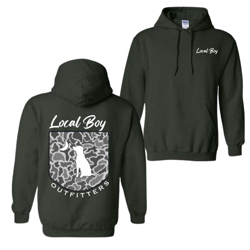 Local Boy Outfitters Hoodie Classic Camouflage Design Featuring a Dog and Moon Graphic, Ideal for Nature Lovers and Outdoor Style