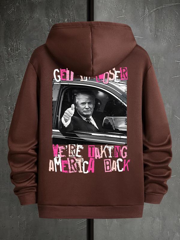 Men's Letter & Flag Print Drop Shoulder Graphic Hoodie, Casual Regular Fit Drawstring Sweatshirt for Holiday Wear, Spring & Fall FashionÂ