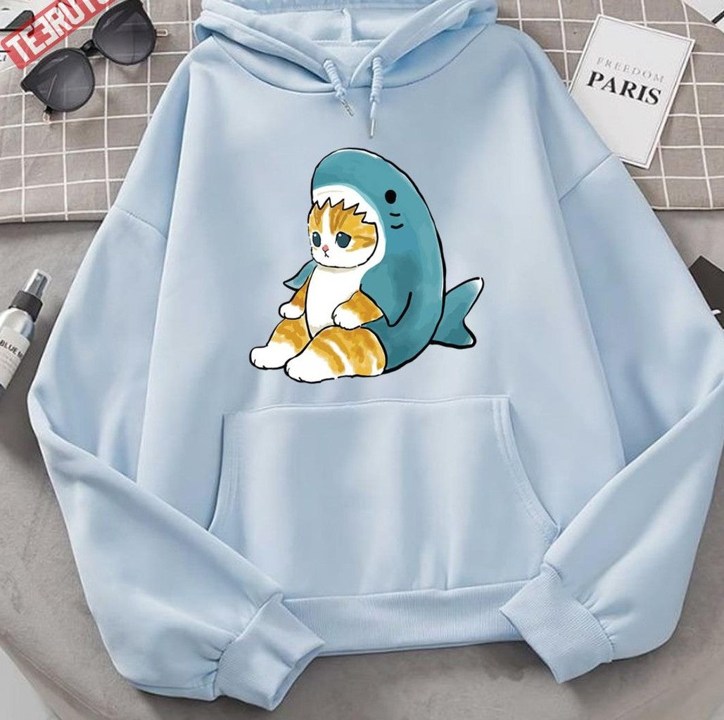 Mofu Sand Cute Cat Drawing In Shark Outfit Unisex Hoodie