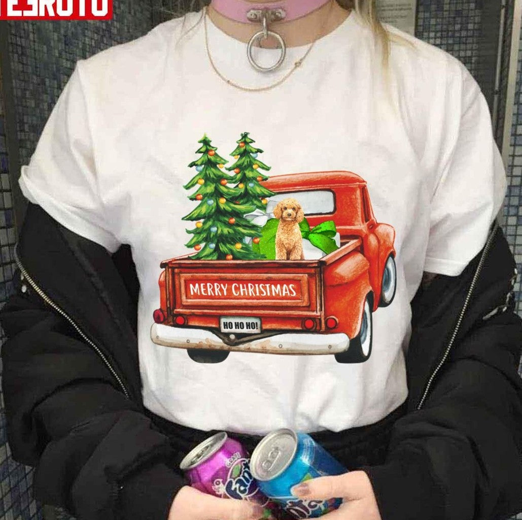 Red Vintage Merry Christmas Truck With Poodle Dog Unisex Sweatshirt