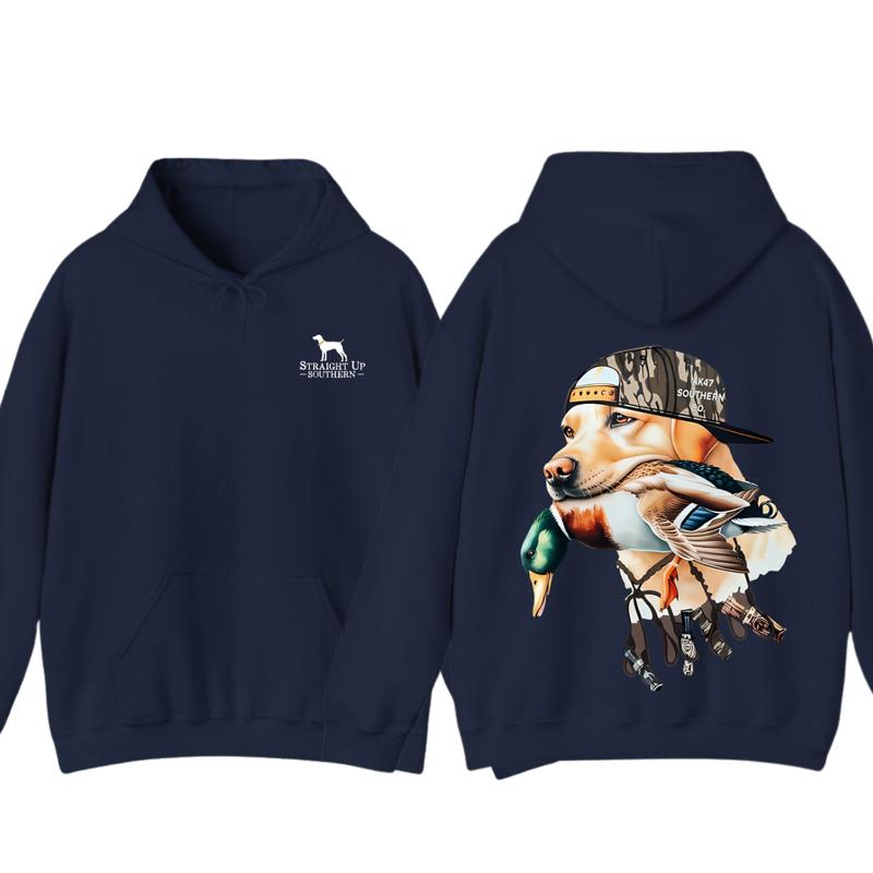 Bold Hunting Dog with Duck Graphic, Perfect for Outdoor Enthusiasts and Waterfowl Hunters, Unisex Hoodie