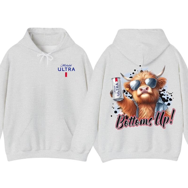 Michelob Ultra Bottoms Up Hoodie - Fun Bull Graphic with Beer Theme, Hoodie for Party Enthusiasts, Perfect for Casual Wear, for Men and Women