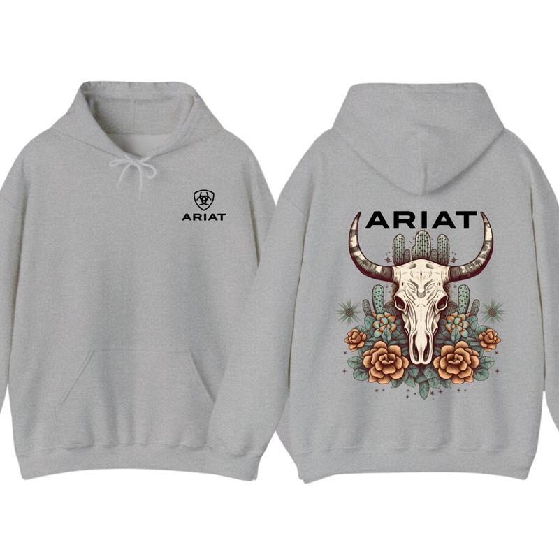 Ariat Hoodie - Tshirt, Featuring A Bull Skull Design With Unique Cactus Floral Patterns, Perfect For Outdoor Adventures, Casual, Classic Fashion Cotton Underwear Shirt Womenswear And Menswear Comfort