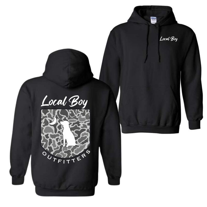 Local Boy Outfitters Hoodie Classic Camouflage Design Featuring a Dog and Moon Graphic, Ideal for Nature Lovers and Outdoor Style