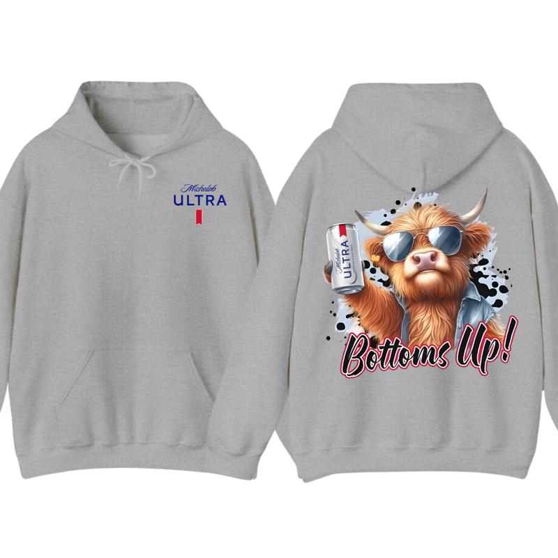 Michelob Ultra Bottoms Up Hoodie - Fun Bull Graphic with Beer Theme, Hoodie for Party Enthusiasts, Perfect for Casual Wear, for Men and Women