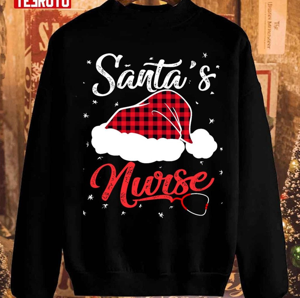 Santa's Favorite Nurse Christmas Hat Red Plaid Sweatshirt