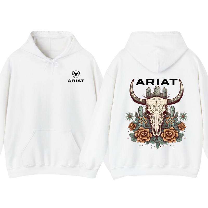 Ariat Hoodie - Tshirt, Featuring A Bull Skull Design With Unique Cactus Floral Patterns, Perfect For Outdoor Adventures, Casual, Classic Fashion Cotton Underwear Shirt Womenswear And Menswear Comfort