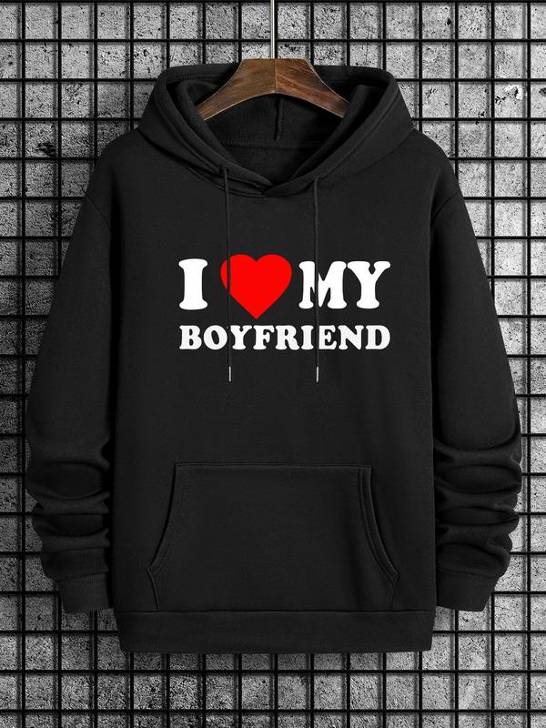 Men's Heart Print Drawstring Hoodie with Pocket, Casual Long Sleeve Sweatshirt for Men's Fall & Winter, Daily Valentine's Day WearÂ
