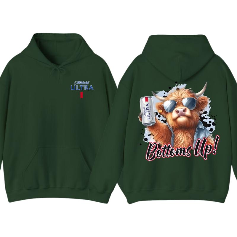 Michelob Ultra Bottoms Up Hoodie - Fun Bull Graphic with Beer Theme, Hoodie for Party Enthusiasts, Perfect for Casual Wear, for Men and Women
