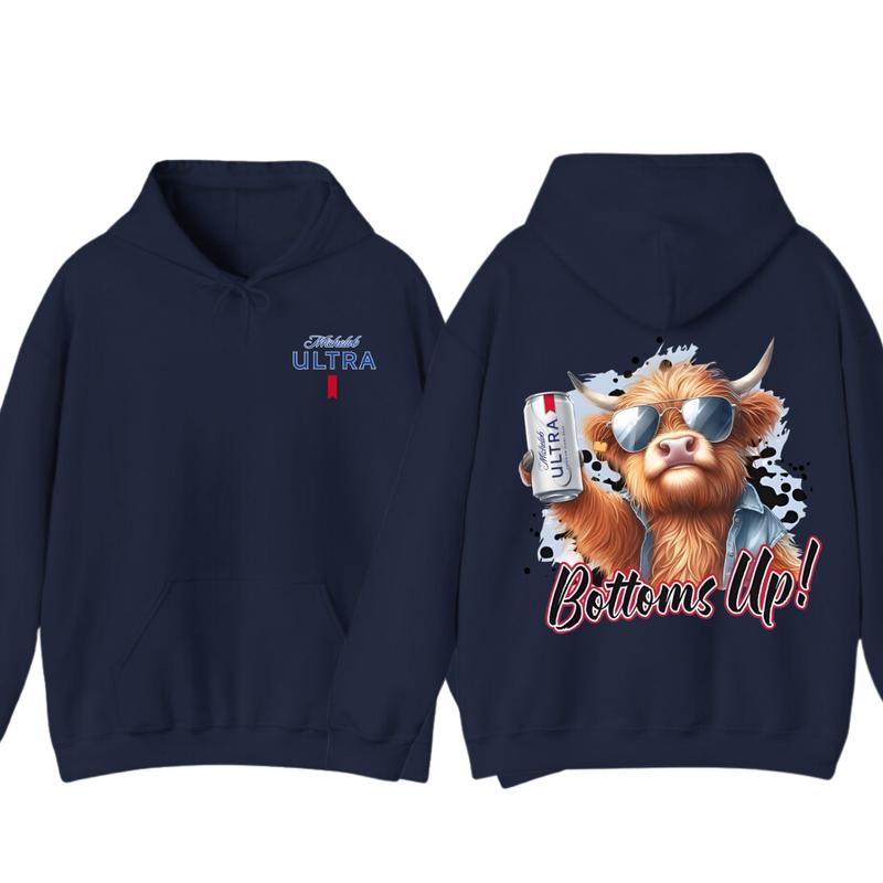 Michelob Ultra Bottoms Up Hoodie - Fun Bull Graphic with Beer Theme, Hoodie for Party Enthusiasts, Perfect for Casual Wear, for Men and Women