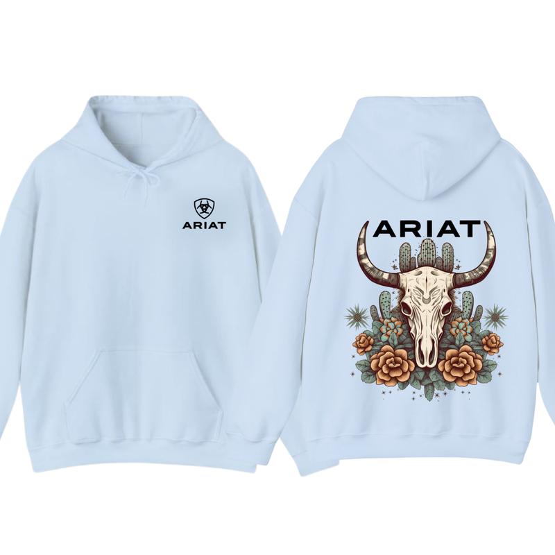 Ariat Hoodie - Tshirt, Featuring A Bull Skull Design With Unique Cactus Floral Patterns, Perfect For Outdoor Adventures, Casual, Classic Fashion Cotton Underwear Shirt Womenswear And Menswear Comfort