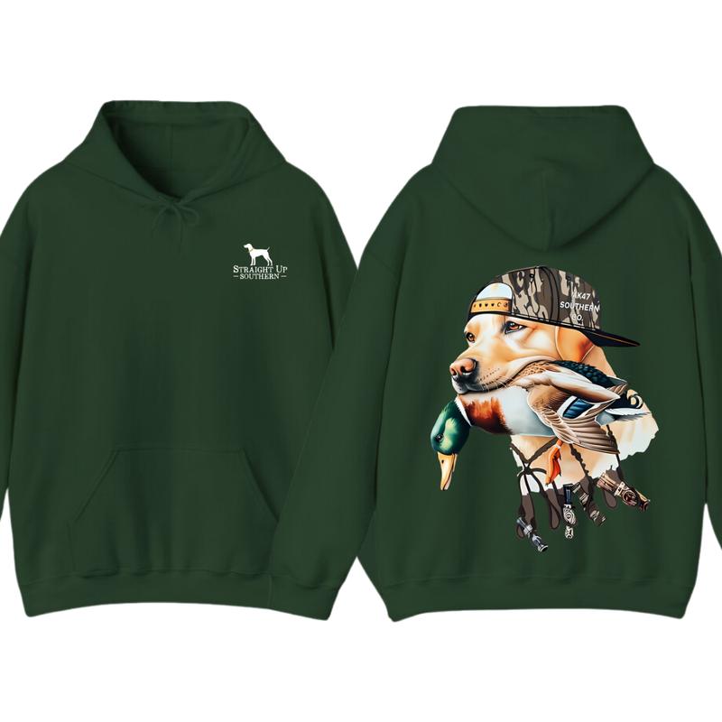 Bold Hunting Dog with Duck Graphic, Perfect for Outdoor Enthusiasts and Waterfowl Hunters, Unisex Hoodie