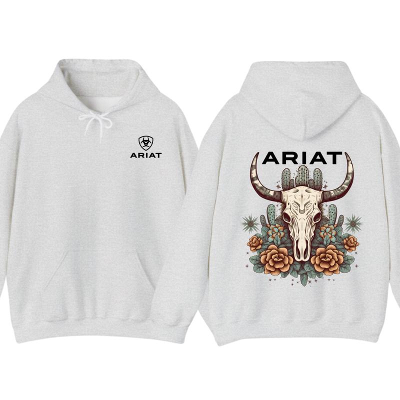 Ariat Hoodie - Tshirt, Featuring A Bull Skull Design With Unique Cactus Floral Patterns, Perfect For Outdoor Adventures, Casual, Classic Fashion Cotton Underwear Shirt Womenswear And Menswear Comfort
