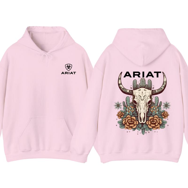 Ariat Hoodie - Tshirt, Featuring A Bull Skull Design With Unique Cactus Floral Patterns, Perfect For Outdoor Adventures, Casual, Classic Fashion Cotton Underwear Shirt Womenswear And Menswear Comfort