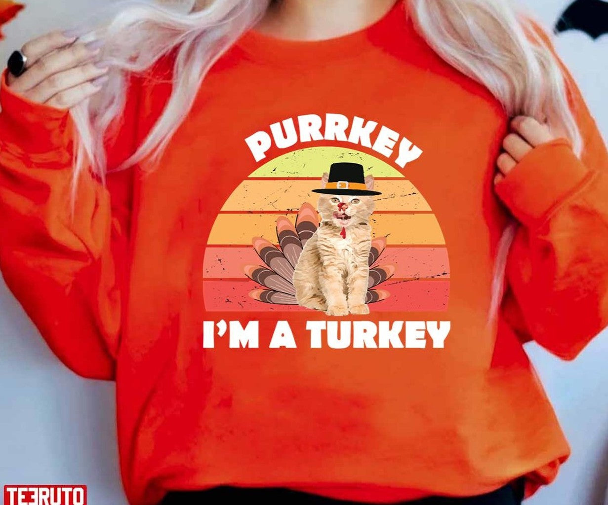 Purrkey Turkey Cat Funny Thanksgiving Retro Vintage Unisex T-Shirt