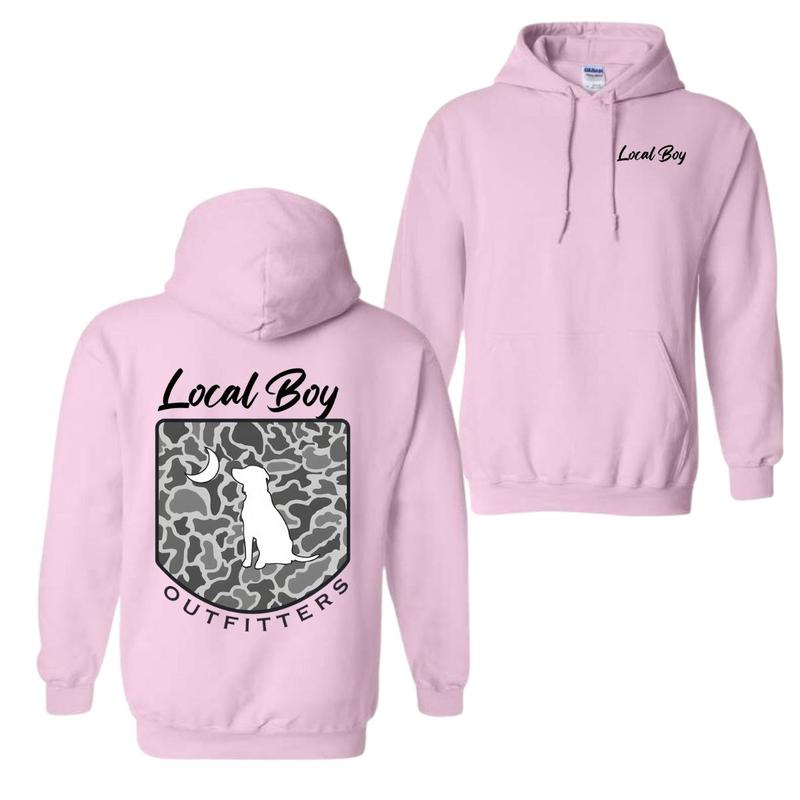 Local Boy Outfitters Hoodie Classic Camouflage Design Featuring a Dog and Moon Graphic, Ideal for Nature Lovers and Outdoor Style